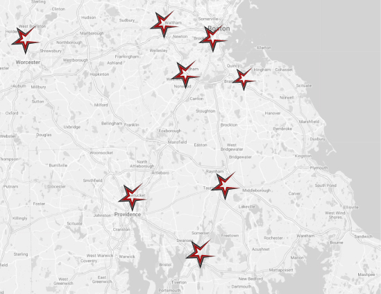 Map of Rawkstars service areas in MA and RI