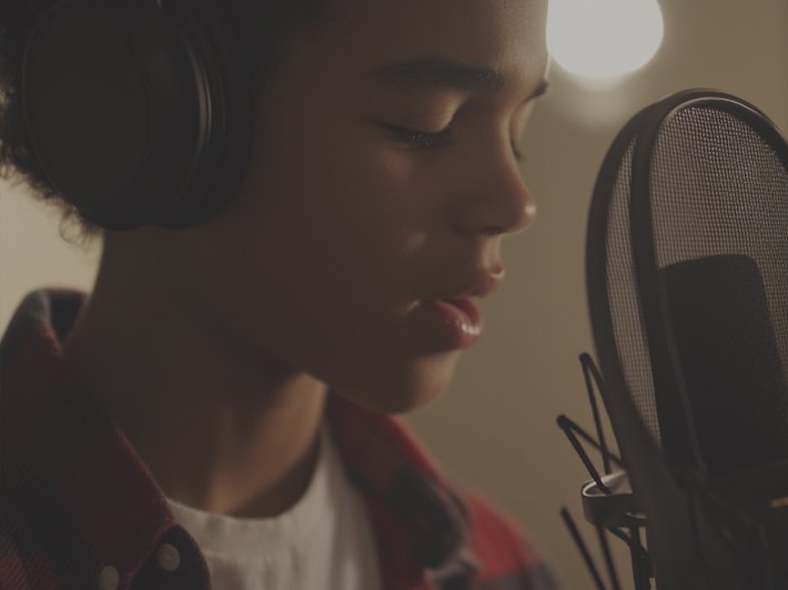 photo of a youth in front of a studio microphone